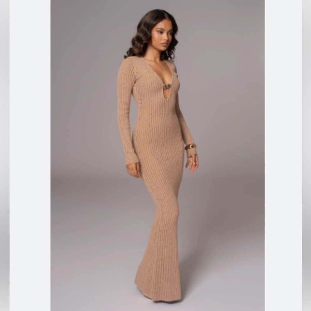 Sol Long Sleeve Sweater Dress Elegant Tan Knit Dress